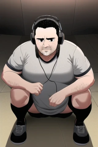 приседание, наушники, сверху, Шедевр, ночь, мужчина среднего возраста, джерси